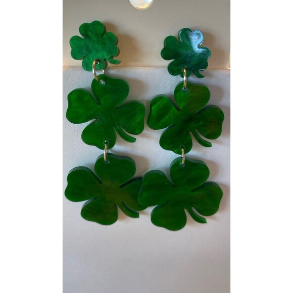 Shamrock Earrings Emerald Green Four Leaf Clover Lucky Irish St Patrick’s Day - Picture 2 of 5